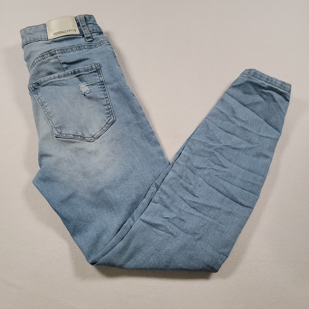 Kendall & Kylie Women Kontour High‎ Rise Skinny Jeans 7/28 Distressed Light Wash